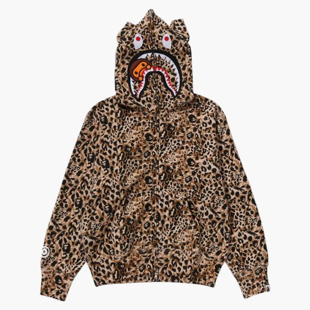 Bape Wild Leopard Pattern Milo Shark Full Zip Hoodie Beige
