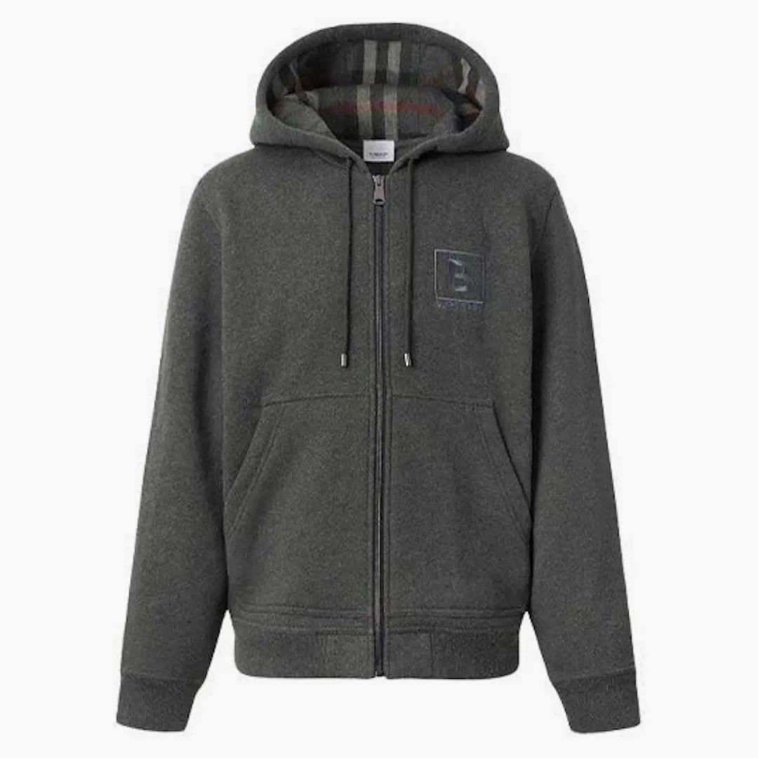 Burberry Letter Graphic Cotton Blend Zip Hoodie Charcoal Grey