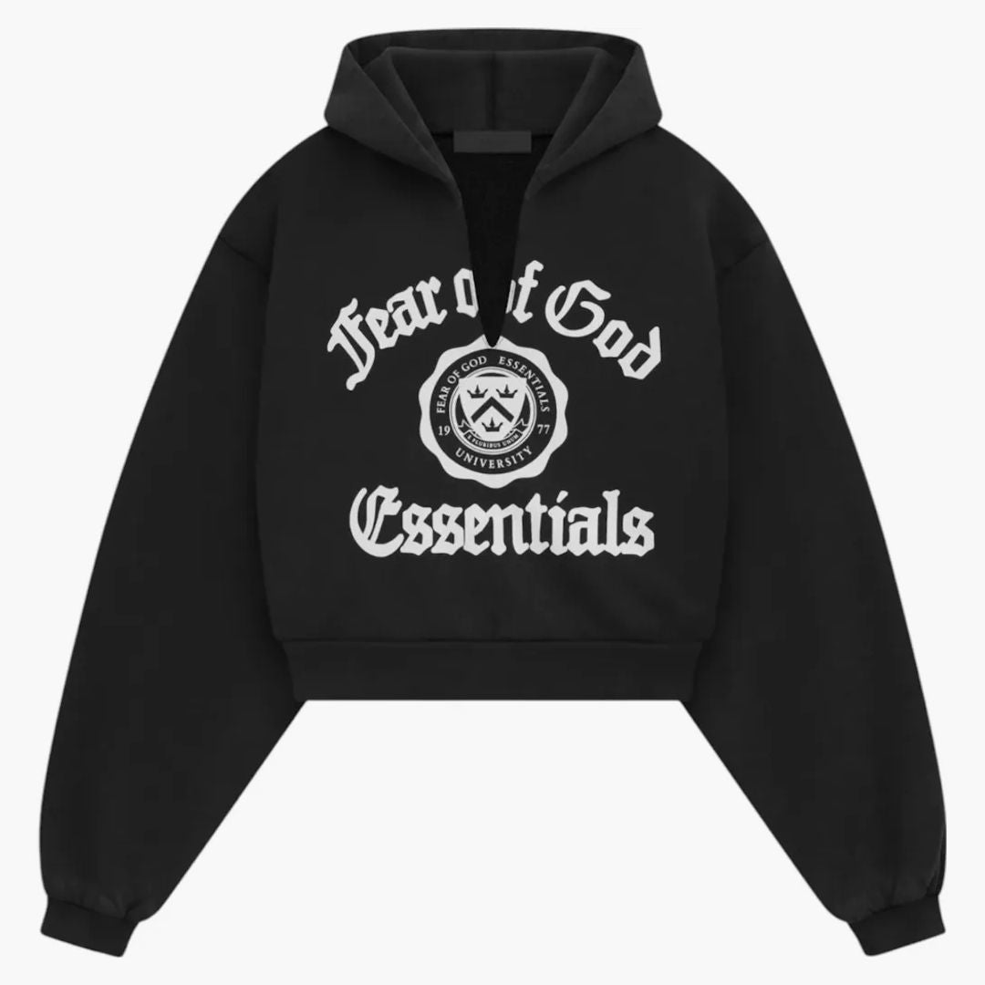 Fear Of God Essentials Women's Heavy Fleece Cropped V-neck Hoodie Black