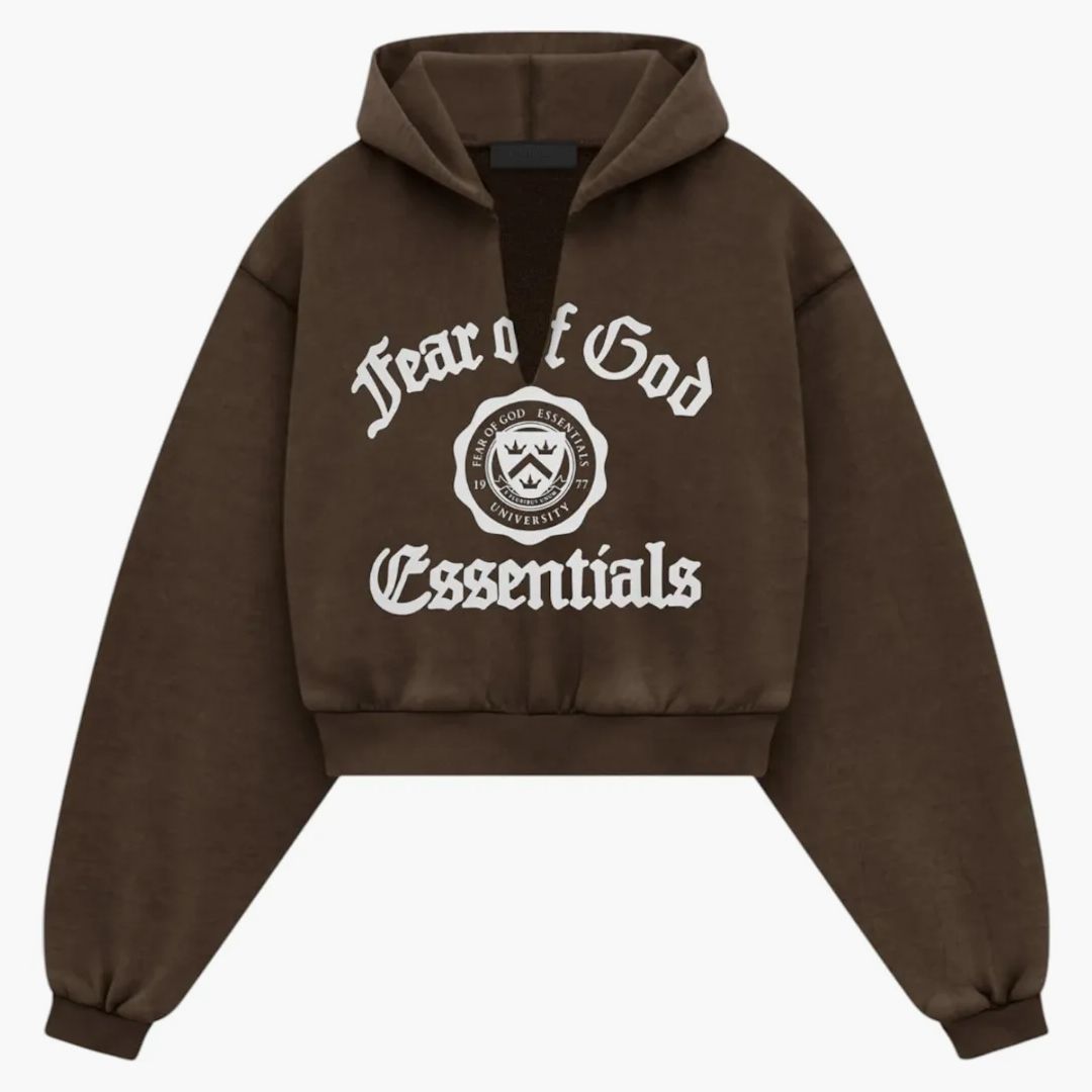 Fear Of God Essentials Women's Heavy Fleece Cropped V-neck Hoodie Brown