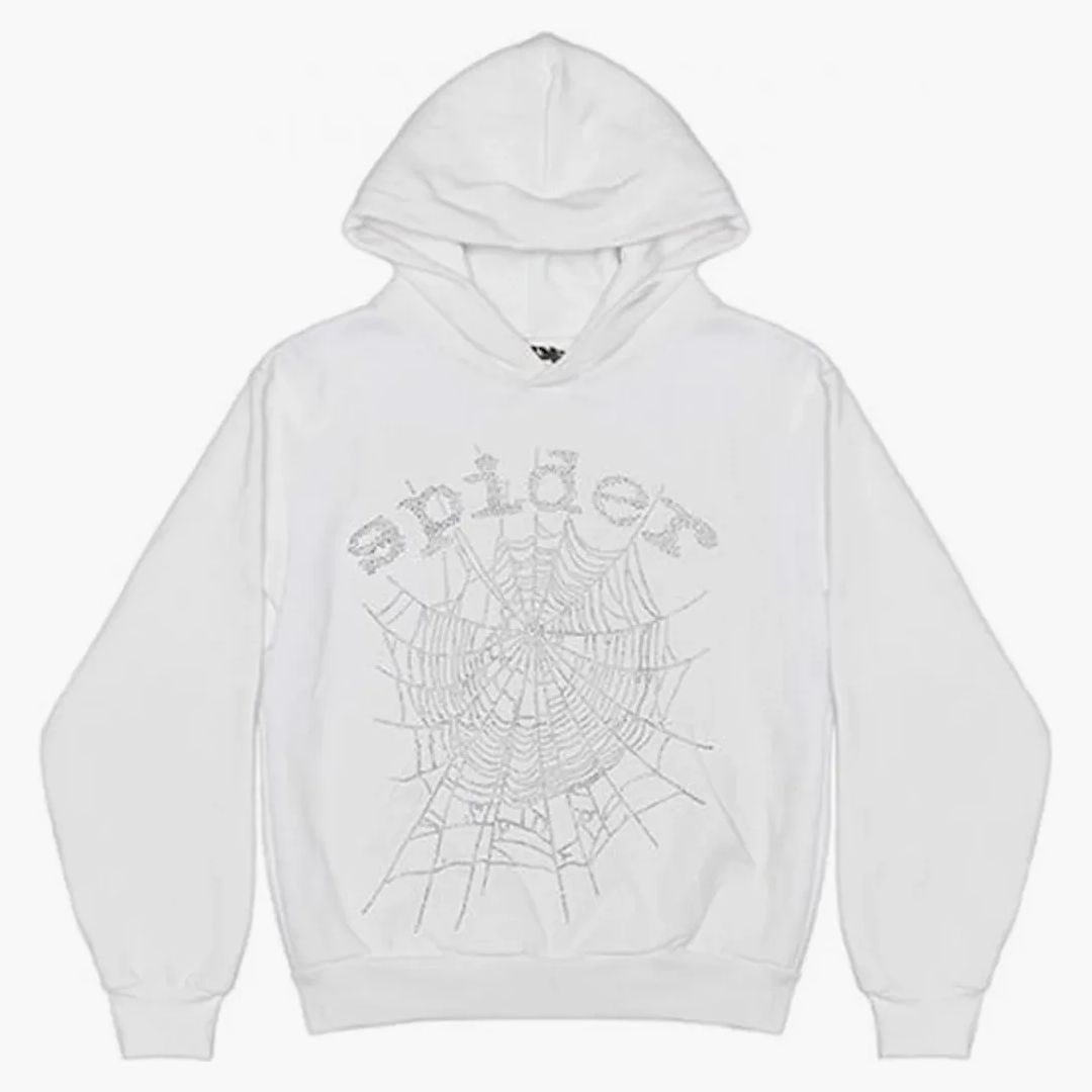 Sp5der Og Rhinestone Logo Hoodie White